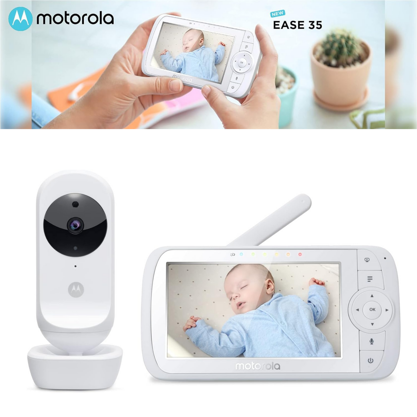 Motorola Nursery Ease 35 Babyphone mit Kamera 5,0 Zoll - Video Babyphone Display mit Nachtsicht, Schlaflieder, Zoom und Raumtemperaturüberwachung