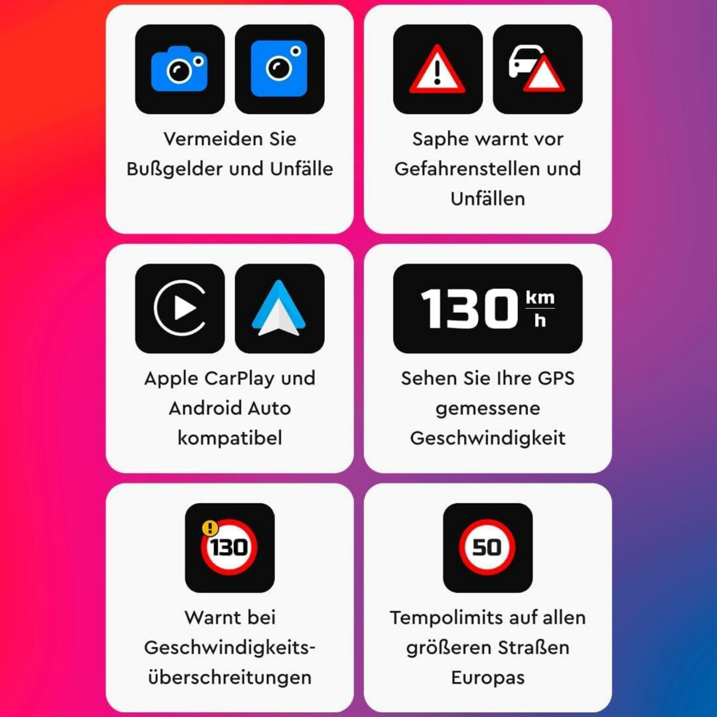 Saphe Drive Pro Blitzerwarner für das Auto mit Farbdisplay – CarPlay und Android Auto kompatibel – Zeigt Blitzer und Gefahren – Daten von Blitzer.de – Erfordert zusätzliches ABO