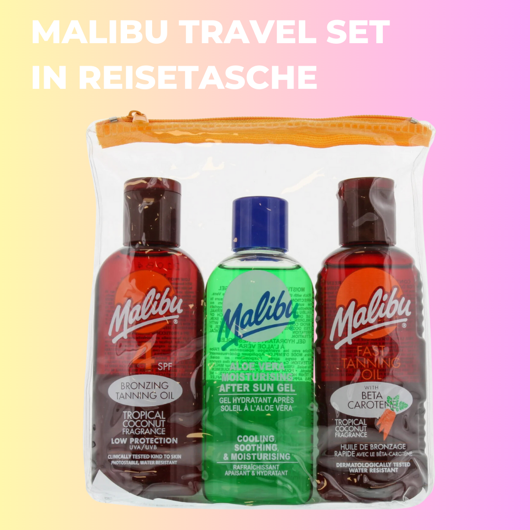 Malibu Travel Pack Sonnenlotion SPF4, Bronzer und After Sun Lotion in Reisetasche 3 x 100 ml