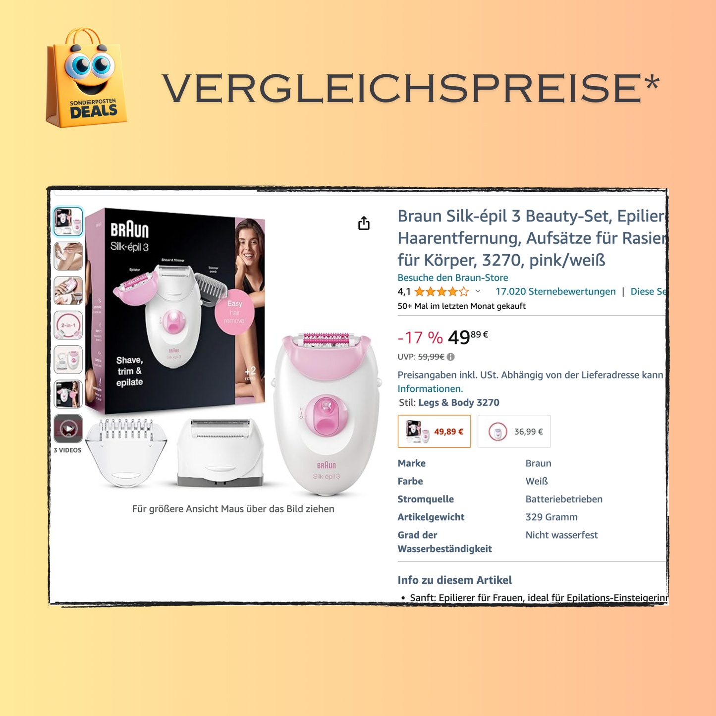 Braun Silk-épil 3 Epilierer 2 in 1 - Haarentfernung, Aufsätze für Rasierer, Trimmer - pink/weiß