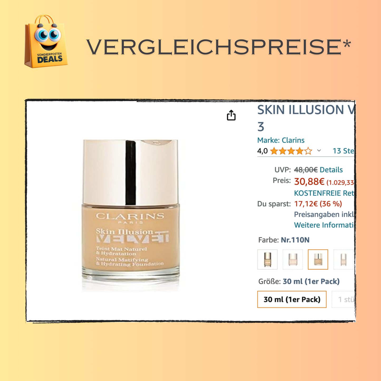 Clarins Skin Illusion Velvet 110N Honey (30 ml)