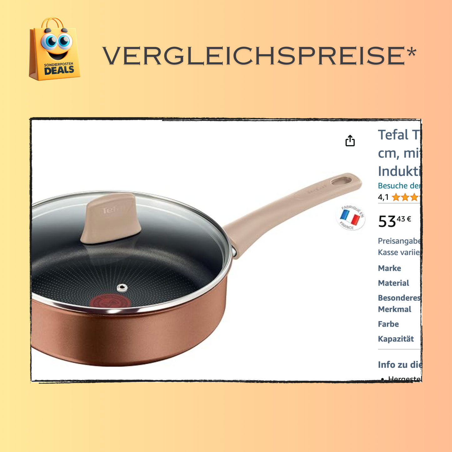 Tefal TEFALECO Schmorpfanne, 24 cm, mit Deckel, Antihaftbeschichtung, geeignet für Induktion,