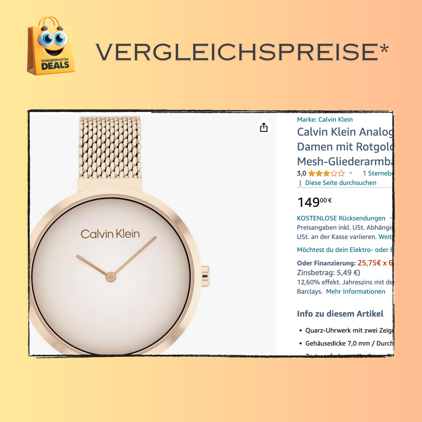 Calvin Klein Uhr für Damen mit roségoldenem Edelstahl Mesh-Gliederarmband - 25200080