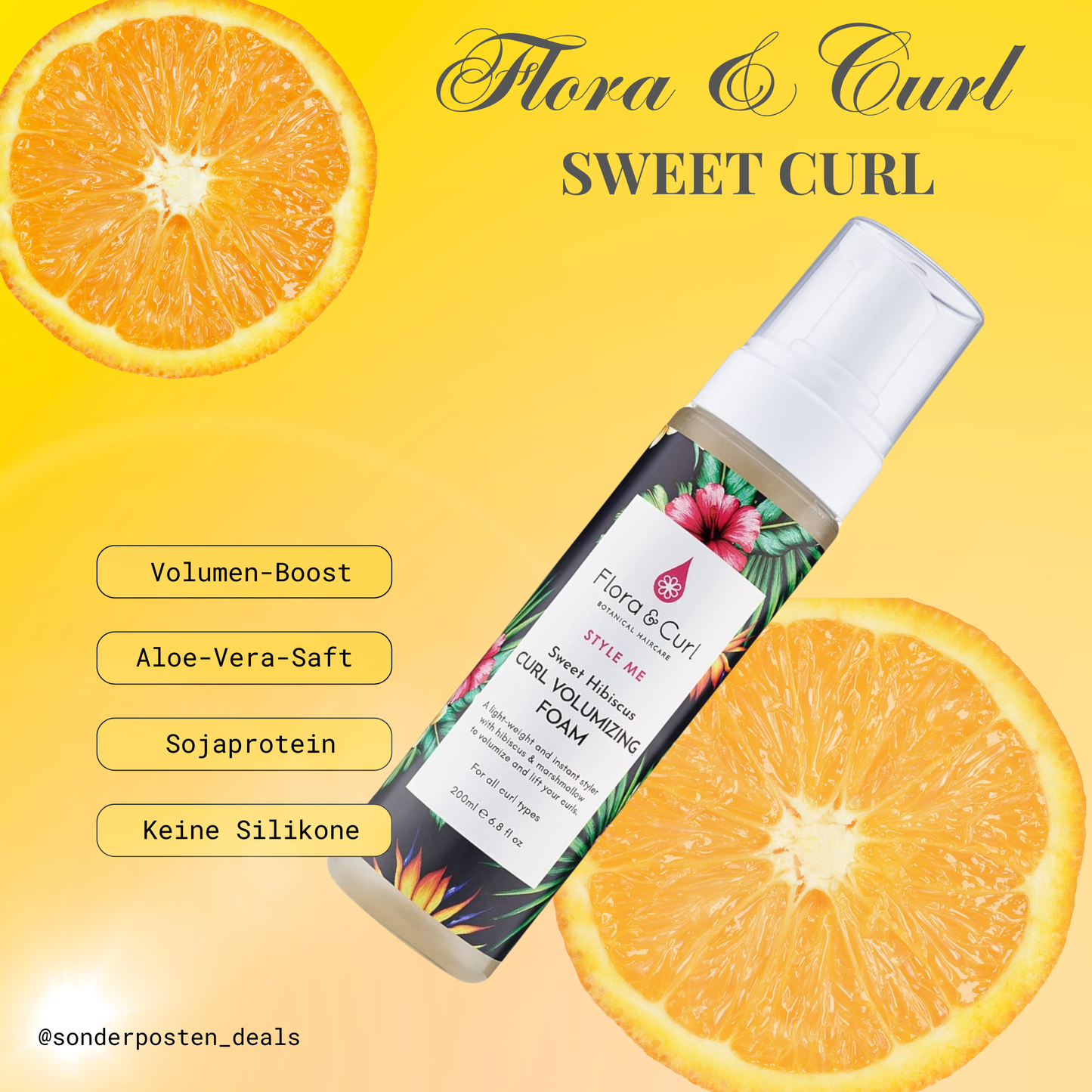 Flora & Curl Sweet Hibiscus Curl Volumizing Foam Lockenschaumfestiger für überragende Fülle, Volumen und Sprungkraft, auf pflanzlicher Basis mit Hibiskus, tierversuchsfrei, 200 ml