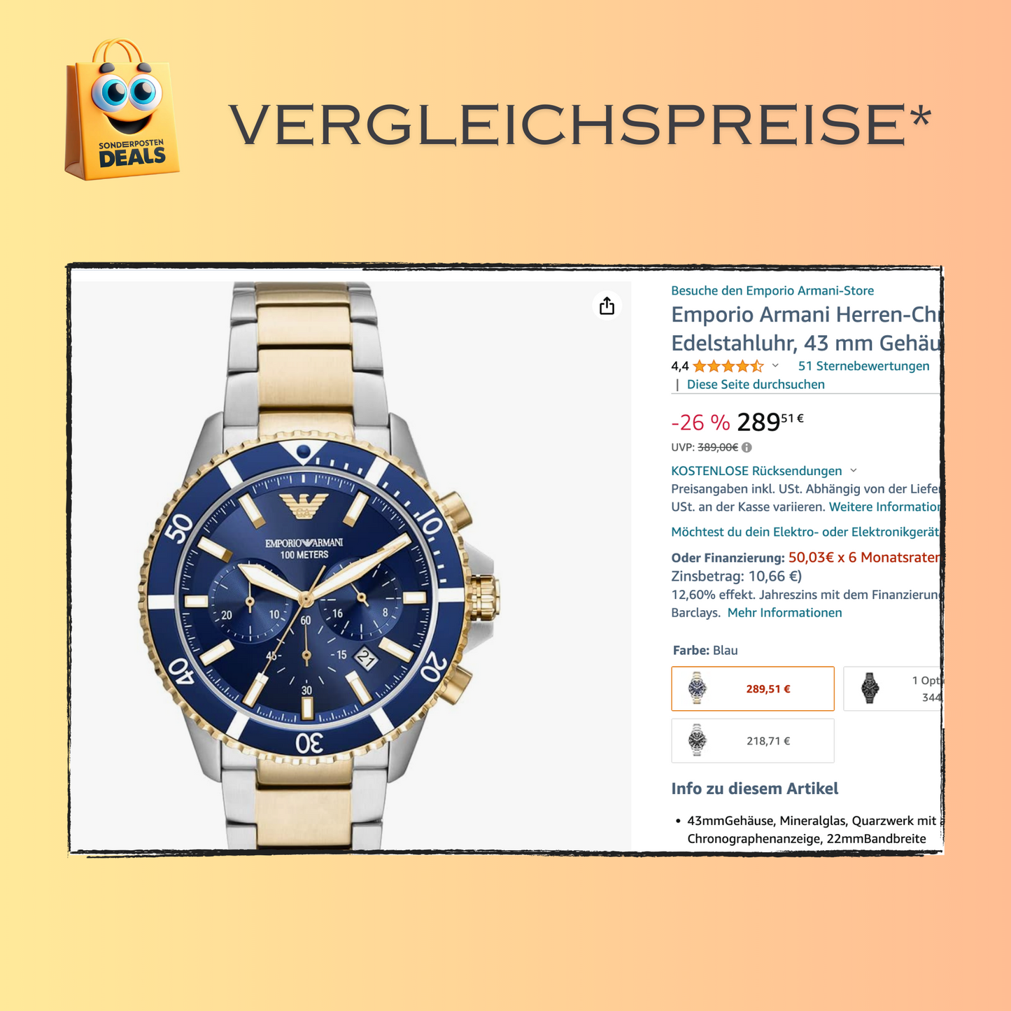 Emporio Armani AR11362 Herrenuhr Armband Edelstahl Wasserdicht Silber - Gold