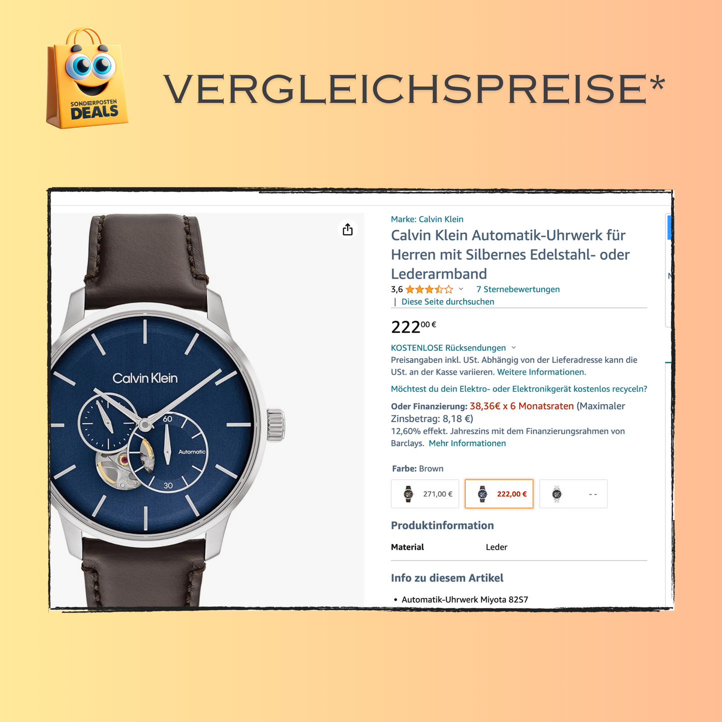 Calvin Klein Automatik-Uhrwerk für Herren im Edelstahl Gehäuse mit braunem Lederarmband