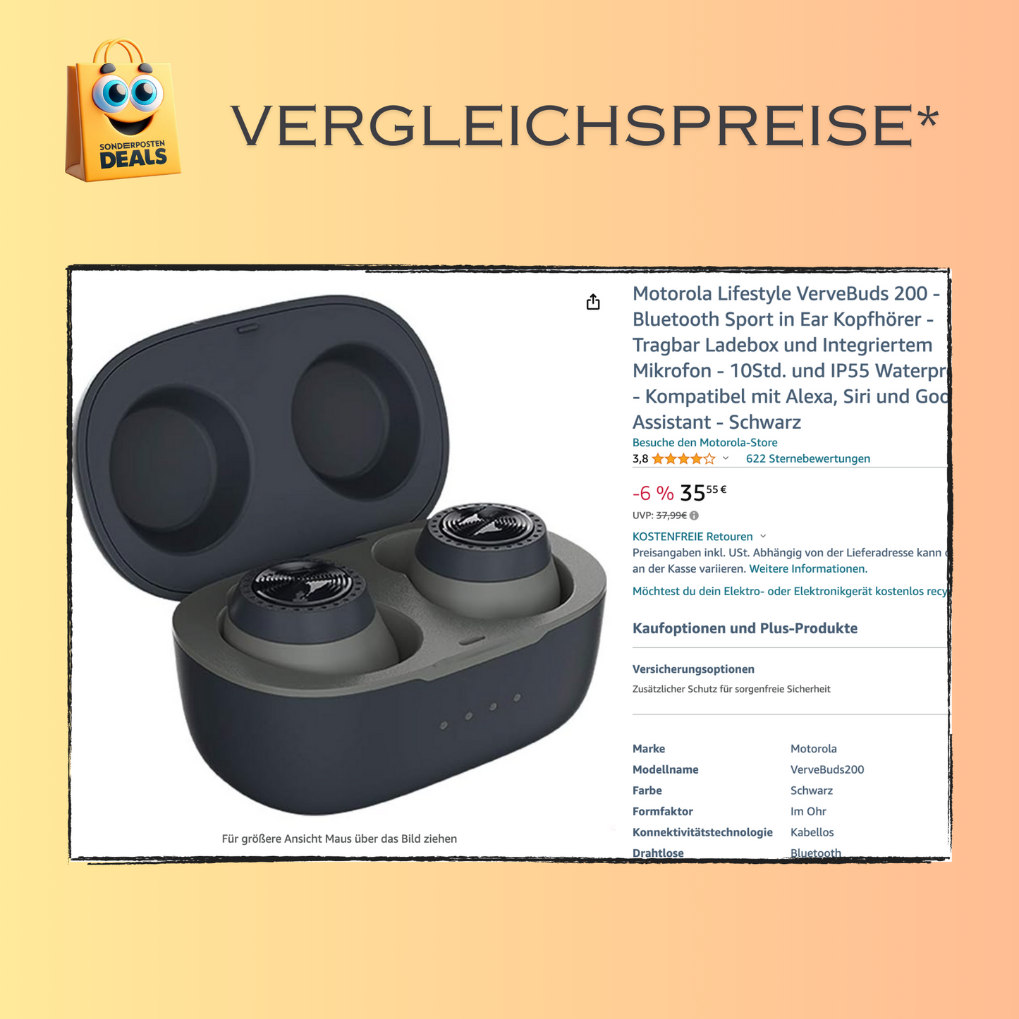 Motorola Lifestyle VerveBuds 200 - Bluetooth Sport in Ear Kopfhörer - Tragbar Ladebox und Integriertem Mikrofon - 10Std. und IP55 Waterproof