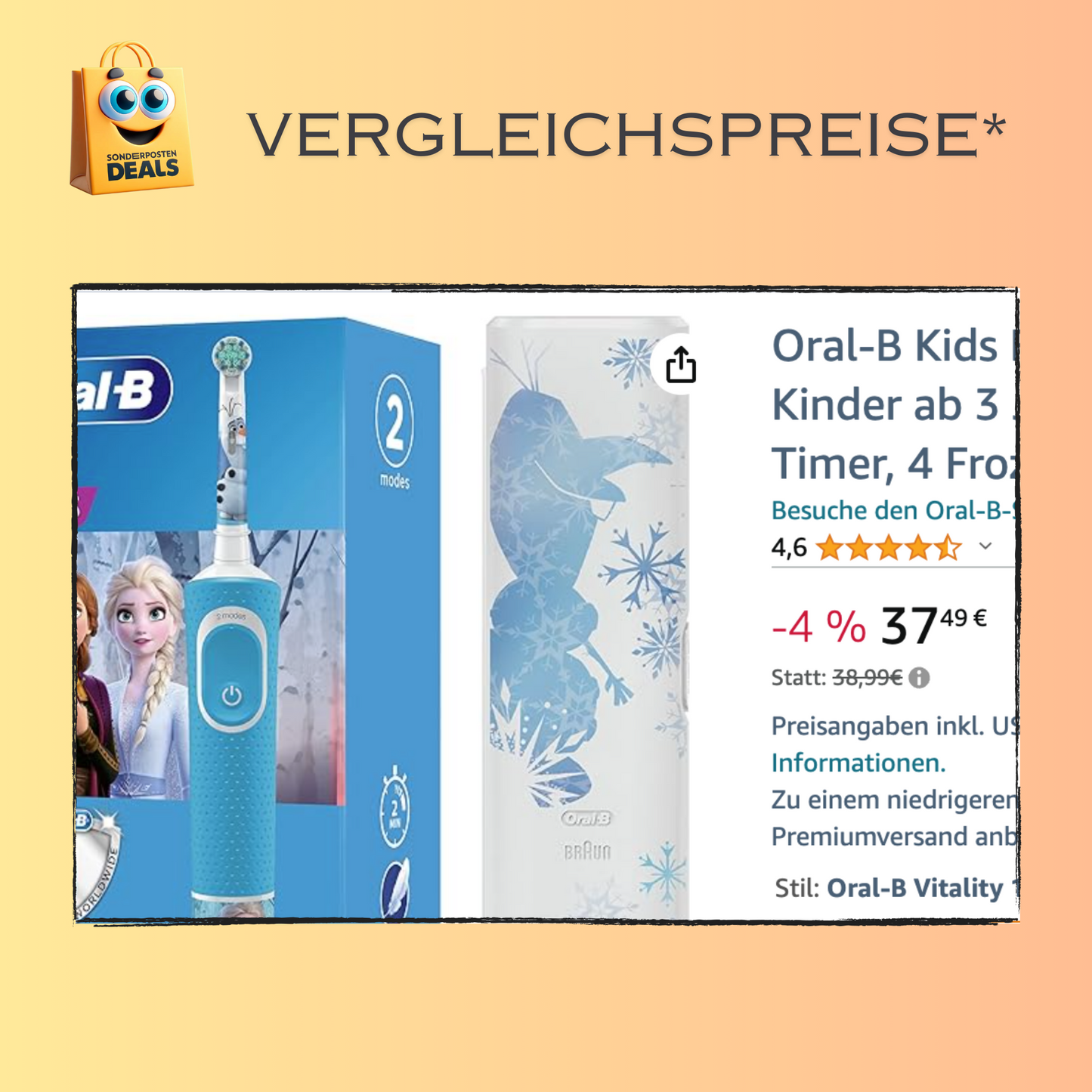 Oral-B Kids Elektrische Zahnbürste für Kinder ab 3 Jahren - Frozen Special Edition, extra weiche Borsten, 2 Modi inkl. Sensitiv, mit Timer, 4 Frozen-Sticker, inkl. Reiseetui