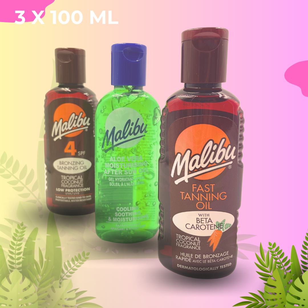 Malibu Travel Pack Sonnenlotion SPF4, Bronzer und After Sun Lotion in Reisetasche 3 x 100 ml