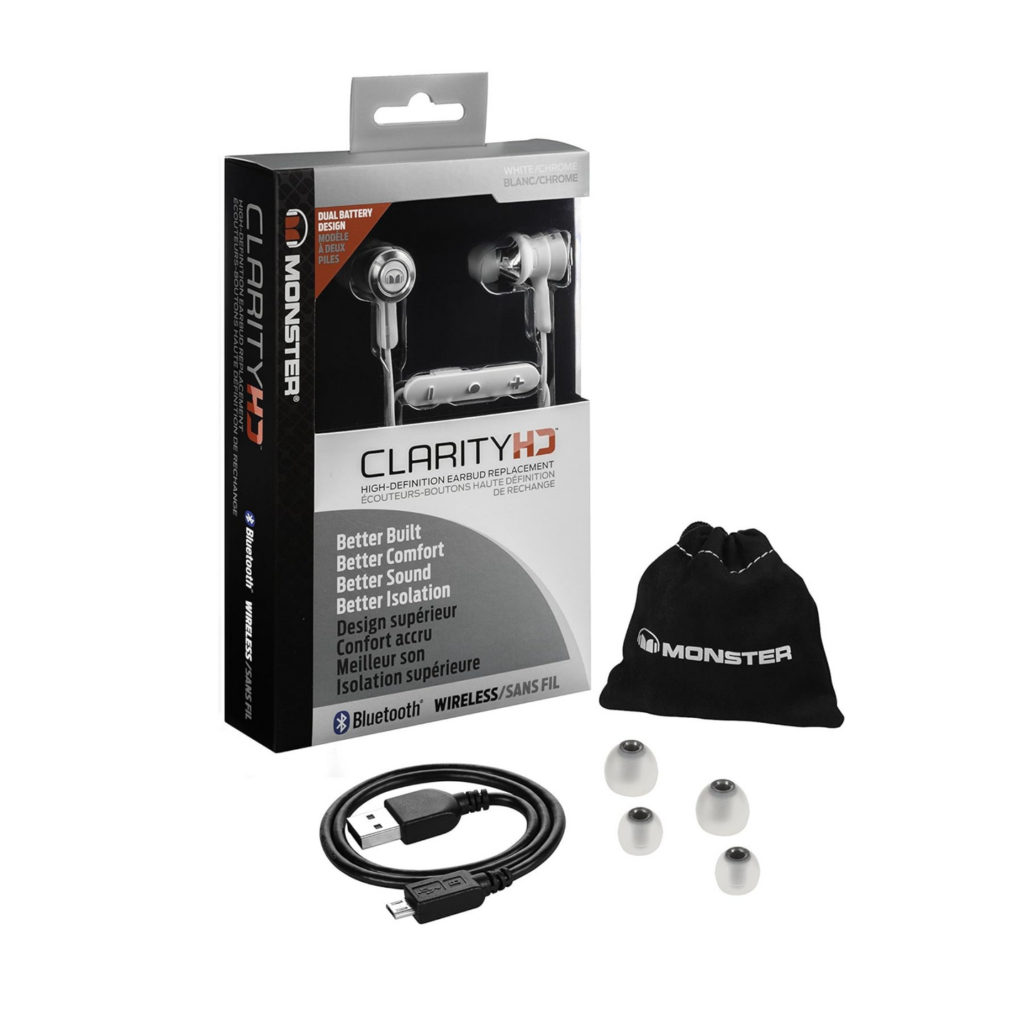Monster Clarity HD Bügel kabellose Bluetooth In-Ear-Kopfhörer Weiß und Chrom - bestens für Sport geeignet