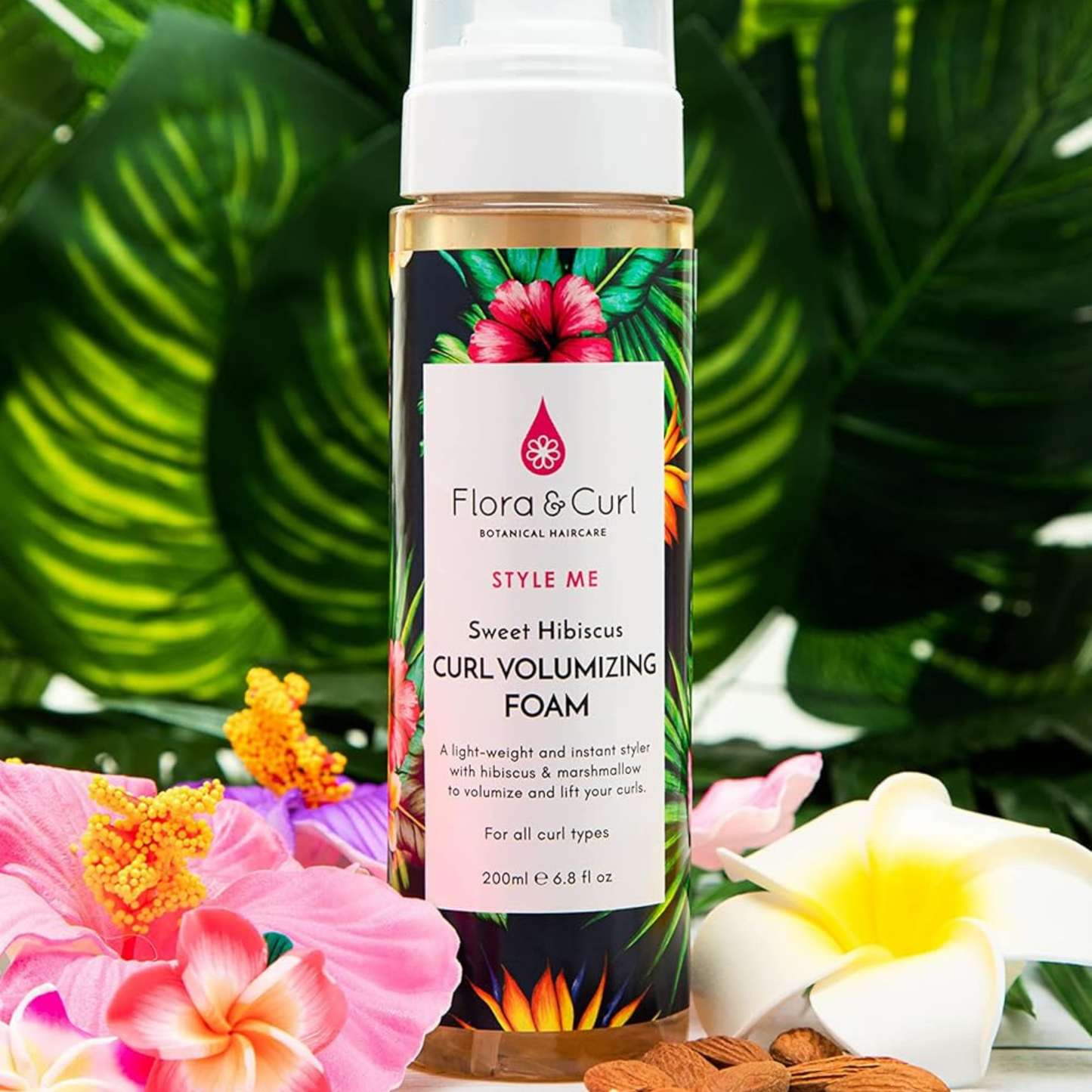 Flora & Curl Sweet Hibiscus Curl Volumizing Foam Lockenschaumfestiger für überragende Fülle, Volumen und Sprungkraft, auf pflanzlicher Basis mit Hibiskus, tierversuchsfrei, 200 ml
