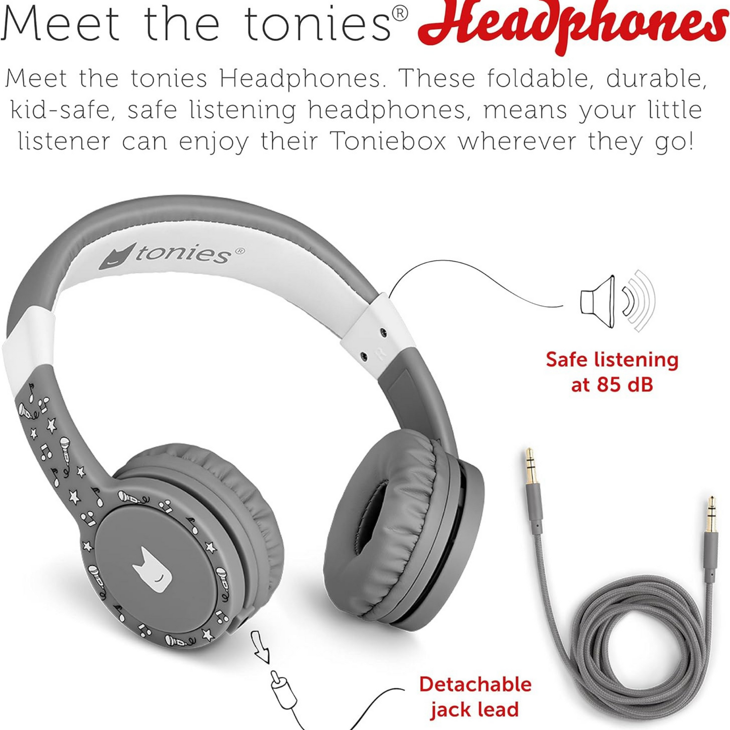 tonies® kabelgebundene Kopfhörer für Toniebox, gepolsterter Over-Ear-Kopfhörer mit kindersichere Lautstärkenbegrenzung zum Hören von Hörbüchern, 1,2 m Kabel und 3,5 mm Klinkenstecker, Grau