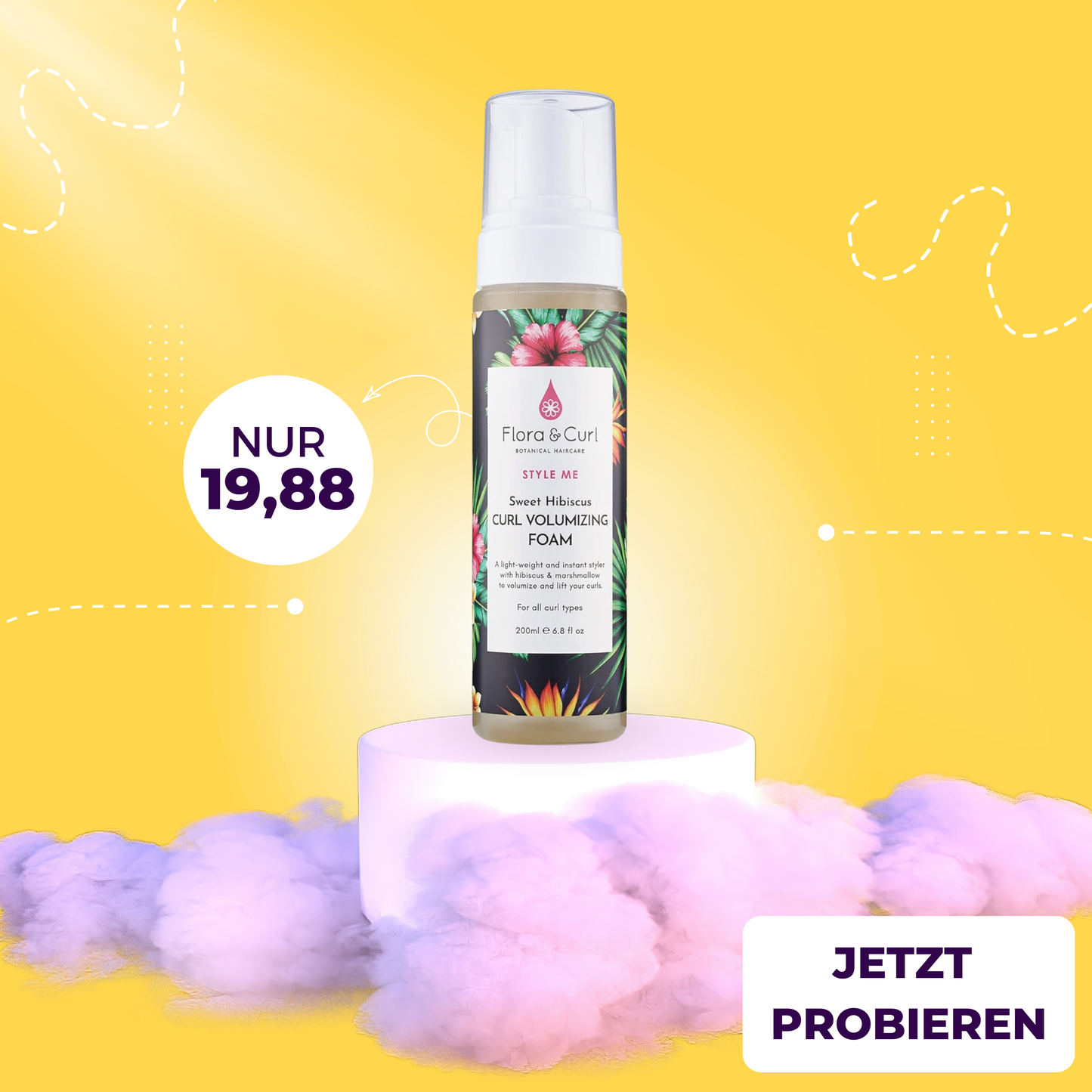 Flora & Curl Sweet Hibiscus Curl Volumizing Foam Lockenschaumfestiger für überragende Fülle, Volumen und Sprungkraft, auf pflanzlicher Basis mit Hibiskus, tierversuchsfrei, 200 ml