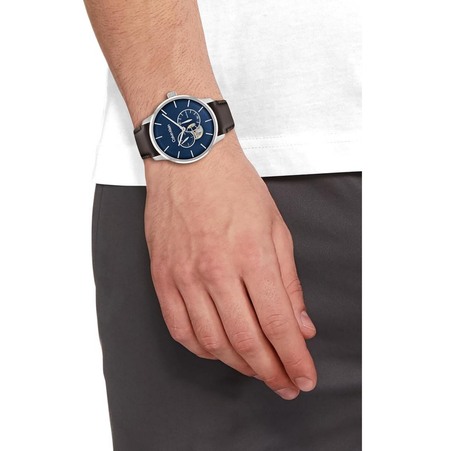 Calvin Klein Automatik-Uhrwerk für Herren im Edelstahl Gehäuse mit braunem Lederarmband