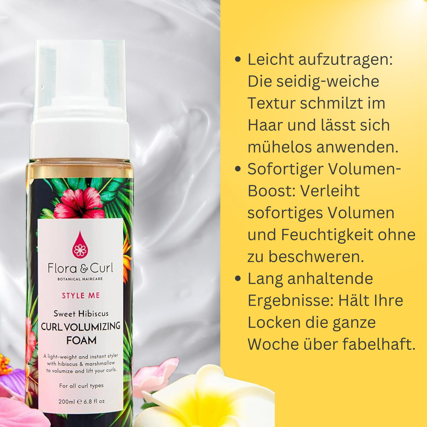 Flora & Curl Sweet Hibiscus Curl Volumizing Foam Lockenschaumfestiger für überragende Fülle, Volumen und Sprungkraft, auf pflanzlicher Basis mit Hibiskus, tierversuchsfrei, 200 ml