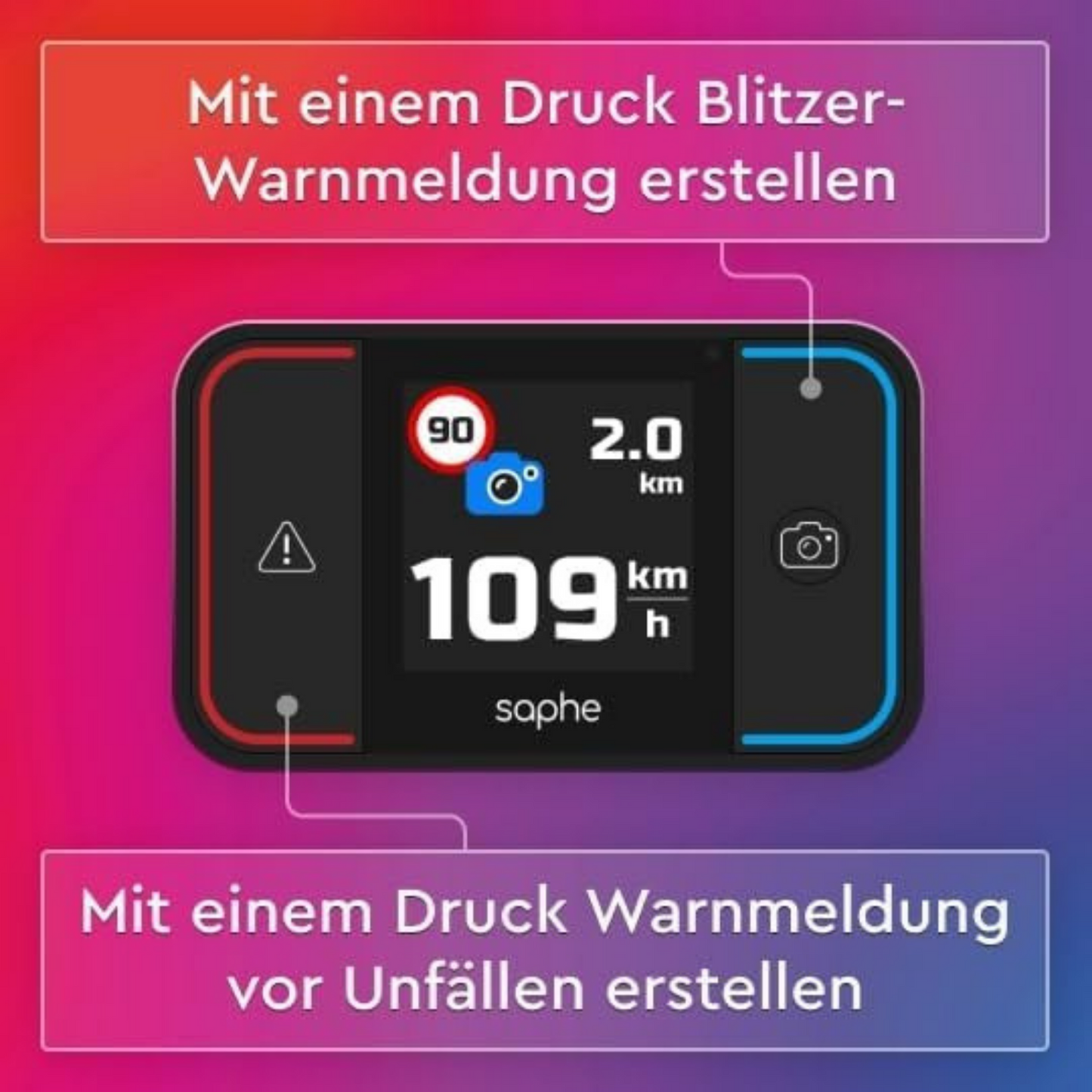 Saphe Drive Pro Blitzerwarner für das Auto mit Farbdisplay – CarPlay und Android Auto kompatibel – Zeigt Blitzer und Gefahren – Daten von Blitzer.de – Erfordert zusätzliches ABO