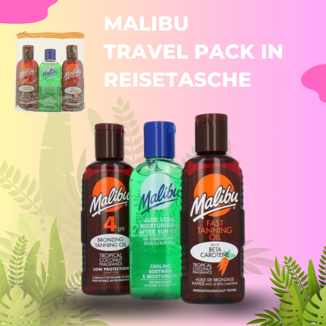 Malibu Travel Pack Sonnenlotion SPF4, Bronzer und After Sun Lotion in Reisetasche 3 x 100 ml
