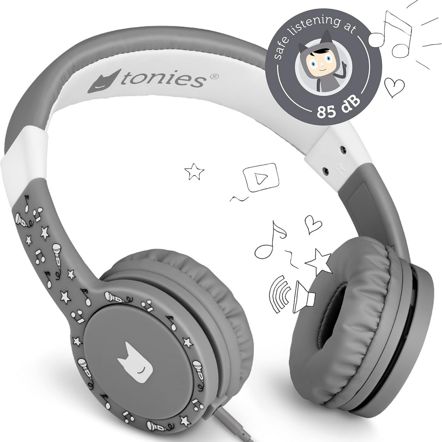 tonies® kabelgebundene Kopfhörer für Toniebox, gepolsterter Over-Ear-Kopfhörer mit kindersichere Lautstärkenbegrenzung zum Hören von Hörbüchern, 1,2 m Kabel und 3,5 mm Klinkenstecker, Grau