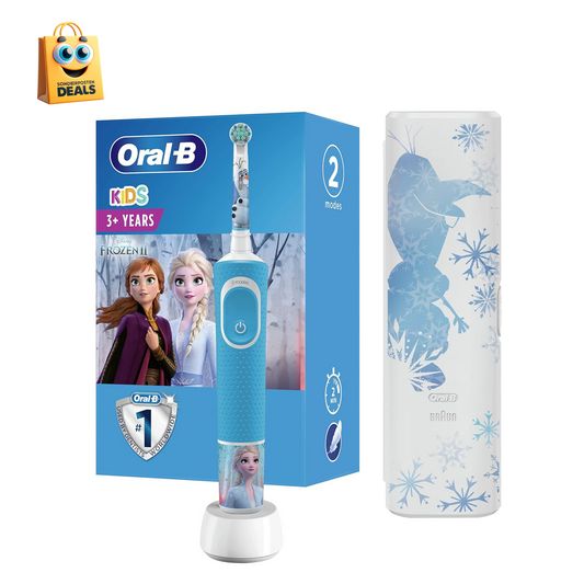 Oral-B Kids Elektrische Zahnbürste für Kinder ab 3 Jahren - Frozen Special Edition, extra weiche Borsten, 2 Modi inkl. Sensitiv, mit Timer, 4 Frozen-Sticker, inkl. Reiseetui