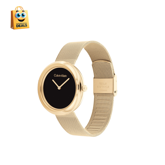 Calvin Klein elegante Uhr für Damen mit goldenem Edelstahlarmband – schwarzes Zifferblatt