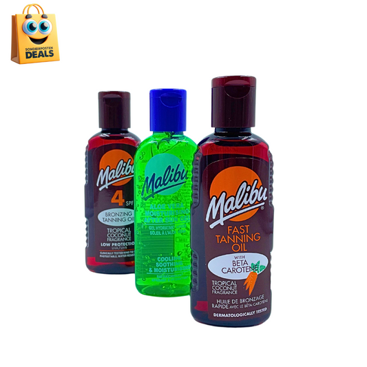 Malibu Travel Pack Sonnenlotion SPF4, Bronzer und After Sun Lotion in Reisetasche 3 x 100 ml