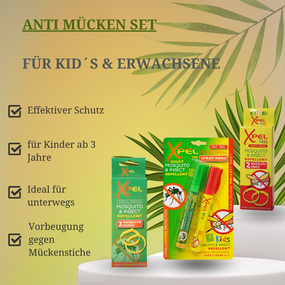 Xpel Mücken- und Insektenschutz Set für Erwachsene & Kinder - DEET-frei - Chemiefreie Armbänder & Spray mit natürlicher tropischer Formel