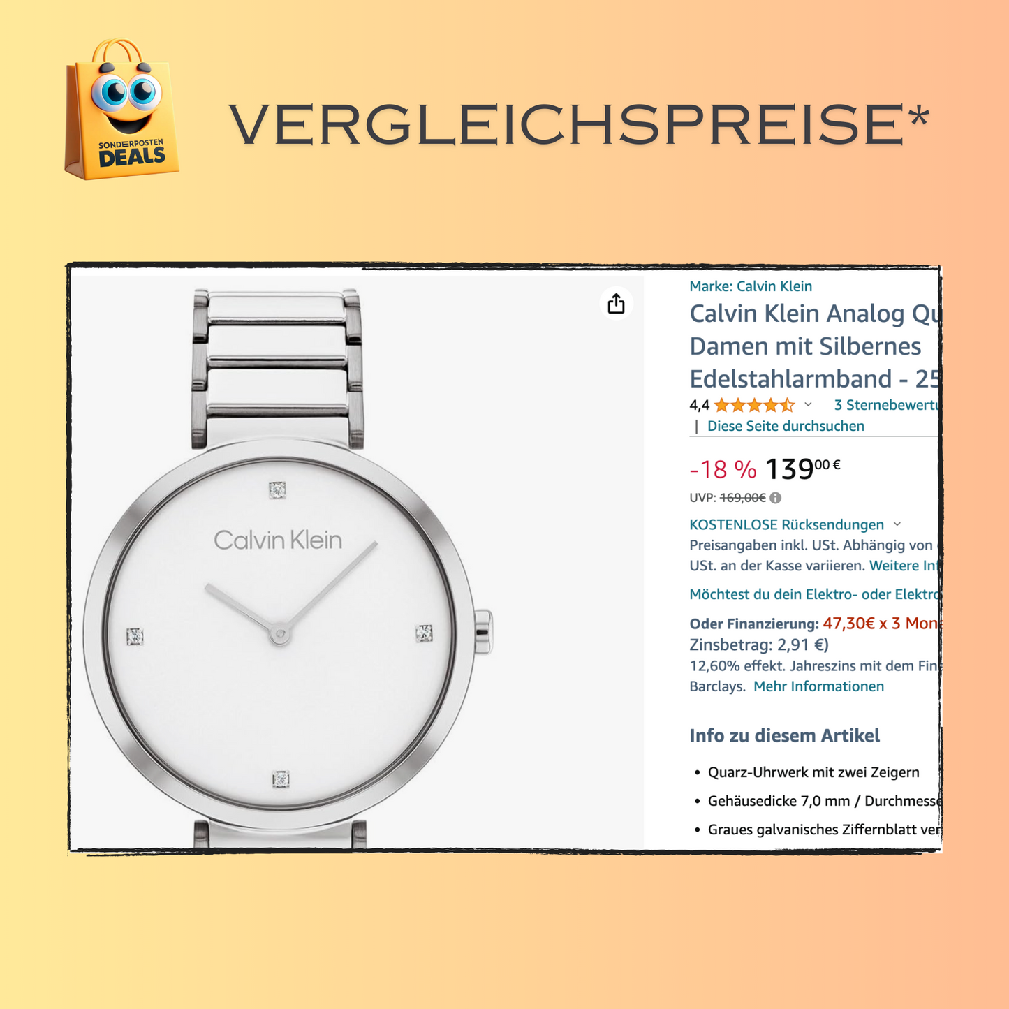 Calvin Klein elegante Uhr für Damen mit Edelstahlarmband – silber – Zifferblatt mit Steinen versetzt