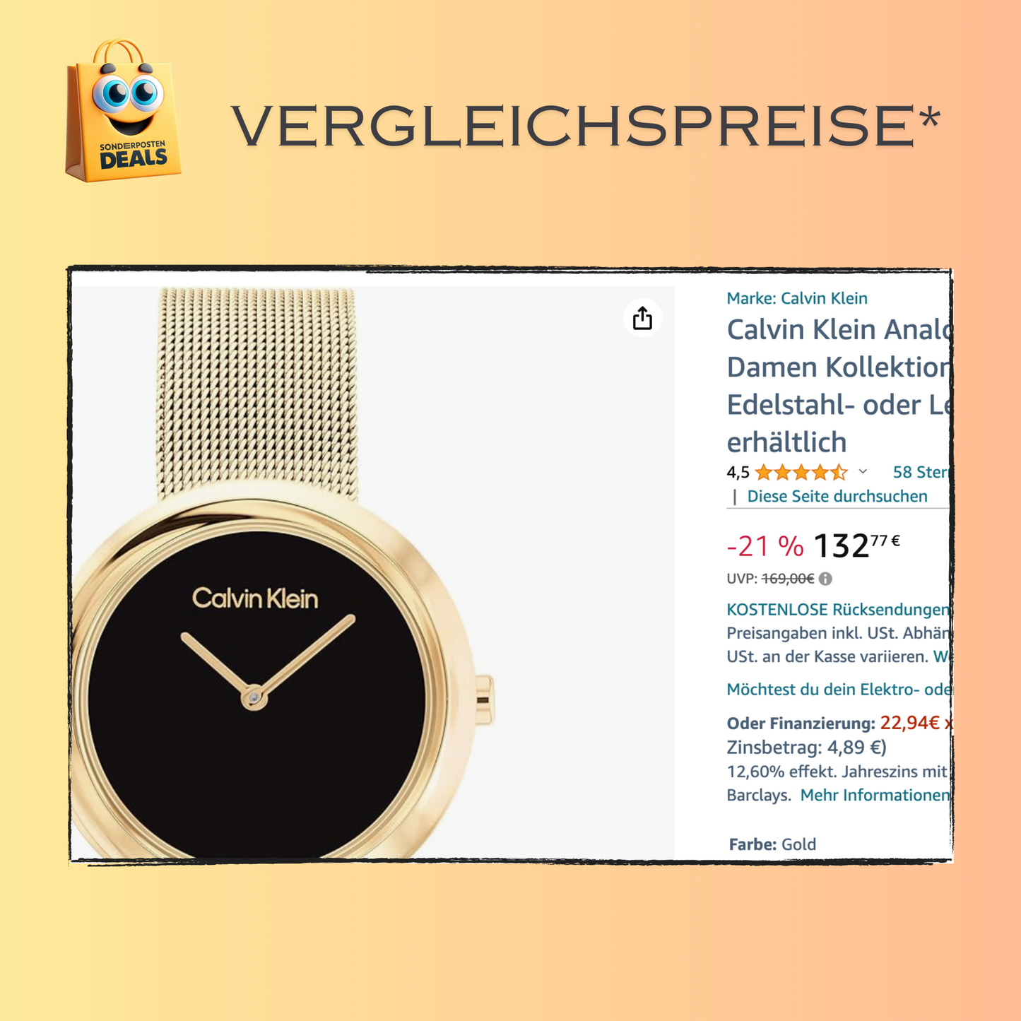 Calvin Klein elegante Uhr für Damen mit goldenem Edelstahlarmband – schwarzes Zifferblatt
