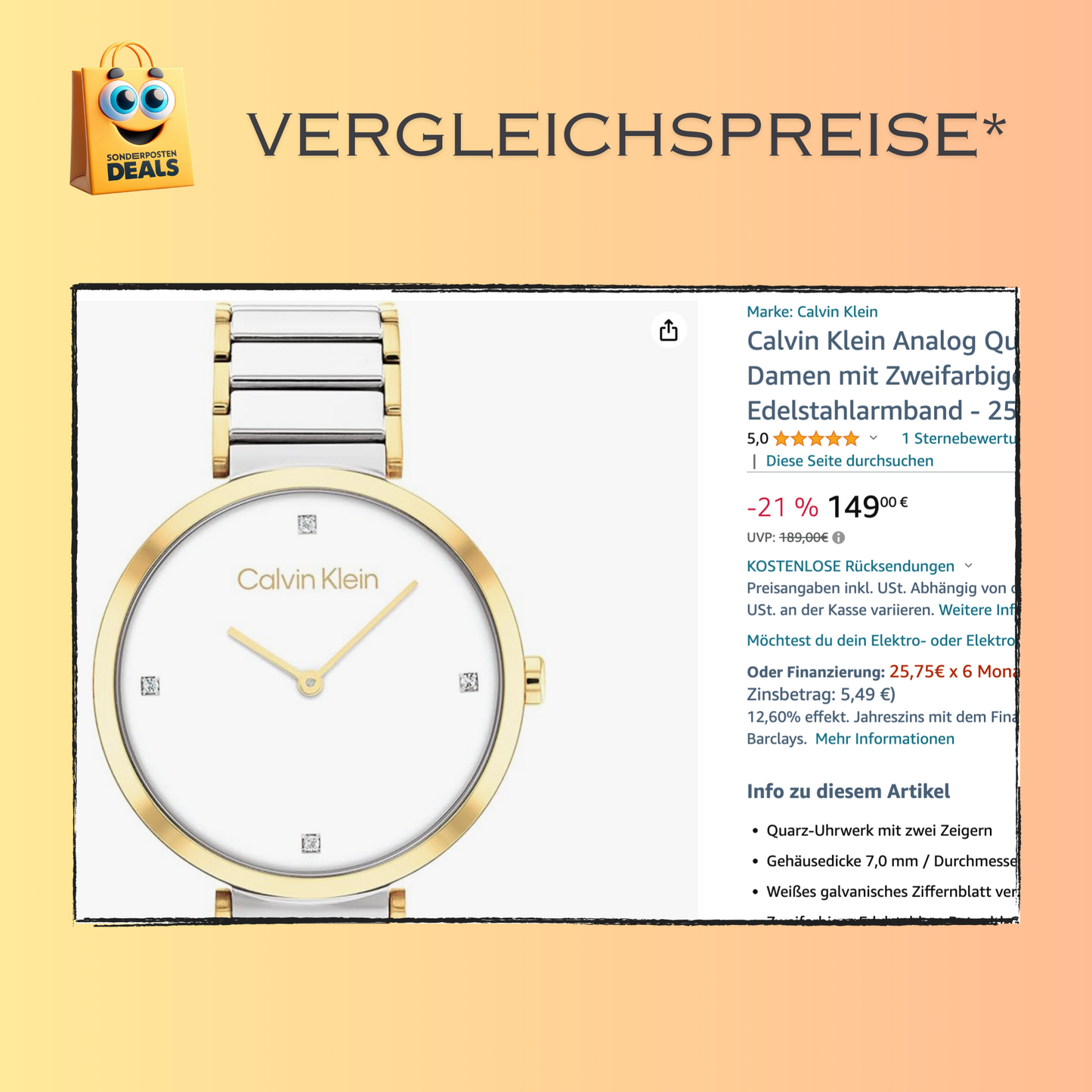 Calvin Klein elegante Uhr für Damen mit Zweifarbiges Edelstahlarmband – silber - gold
