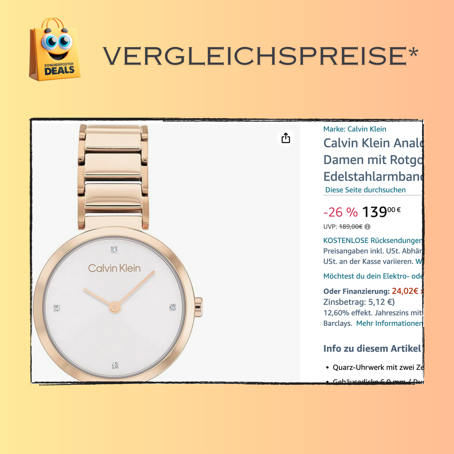 Calvin Klein elegante Uhr für Damen mit Edelstahlarmband – Zifferblatt mit Steinen versetzt