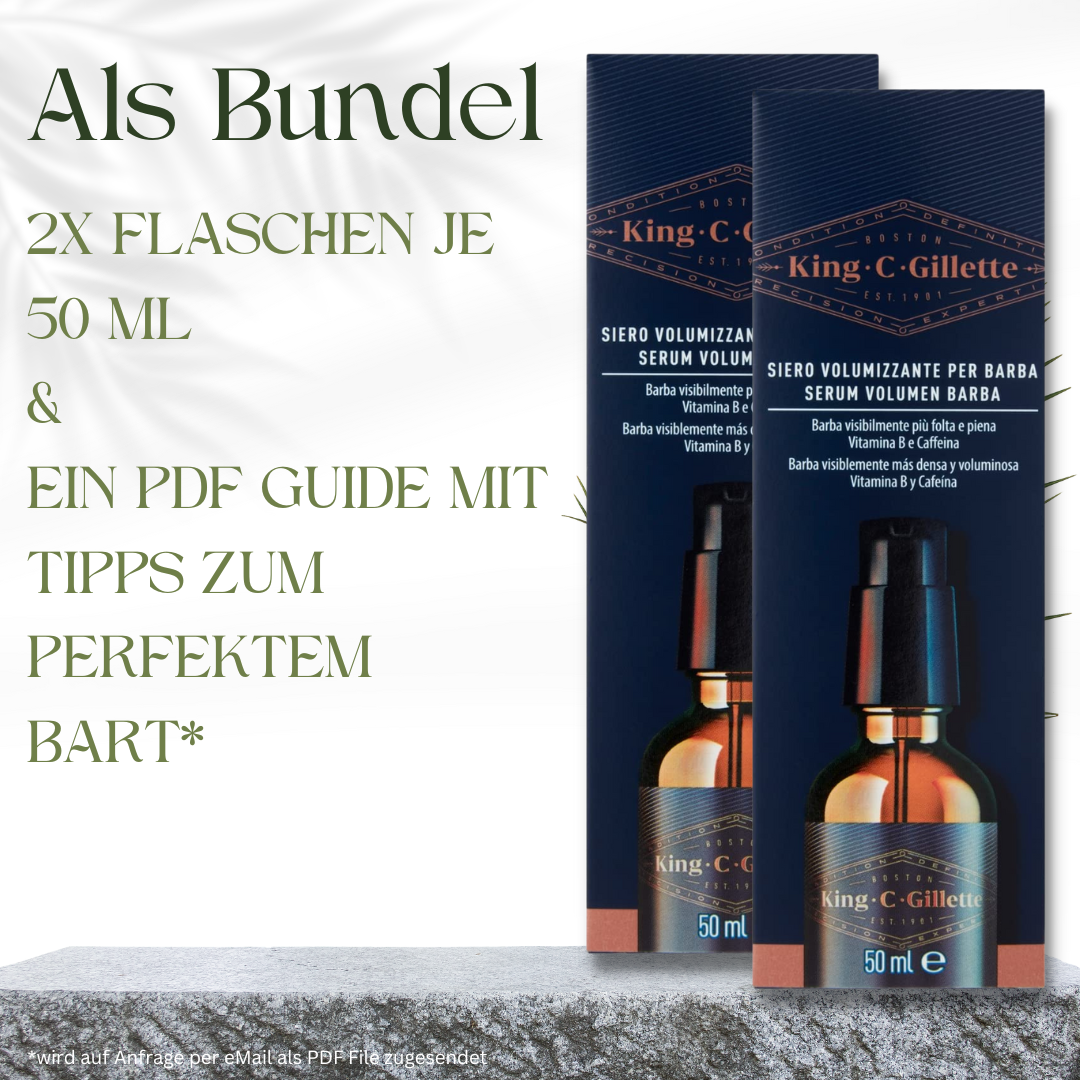 Spar Bundel 2 Stück - 100 ml Bartvolumen Serum von King C. Gillette mit Guide. Bart Öl mit Verdichtungseffekt, Vitaminkomplex B und Koffein