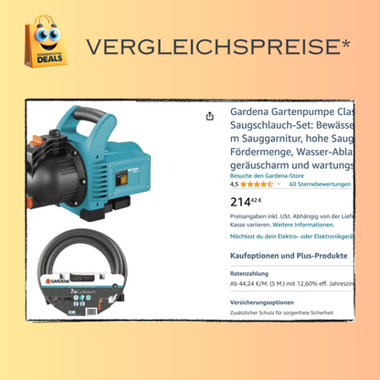 Gardena Gartenpumpe Classic 3000/4 Saugschlauch-Set: Bewässerungspumpe inkl. 7 m Sauggarnitur, hohe Saugkraft, 3100 l/h Fördermenge, Wasser-Ablassschraube, geräuscharm und wartungsfrei