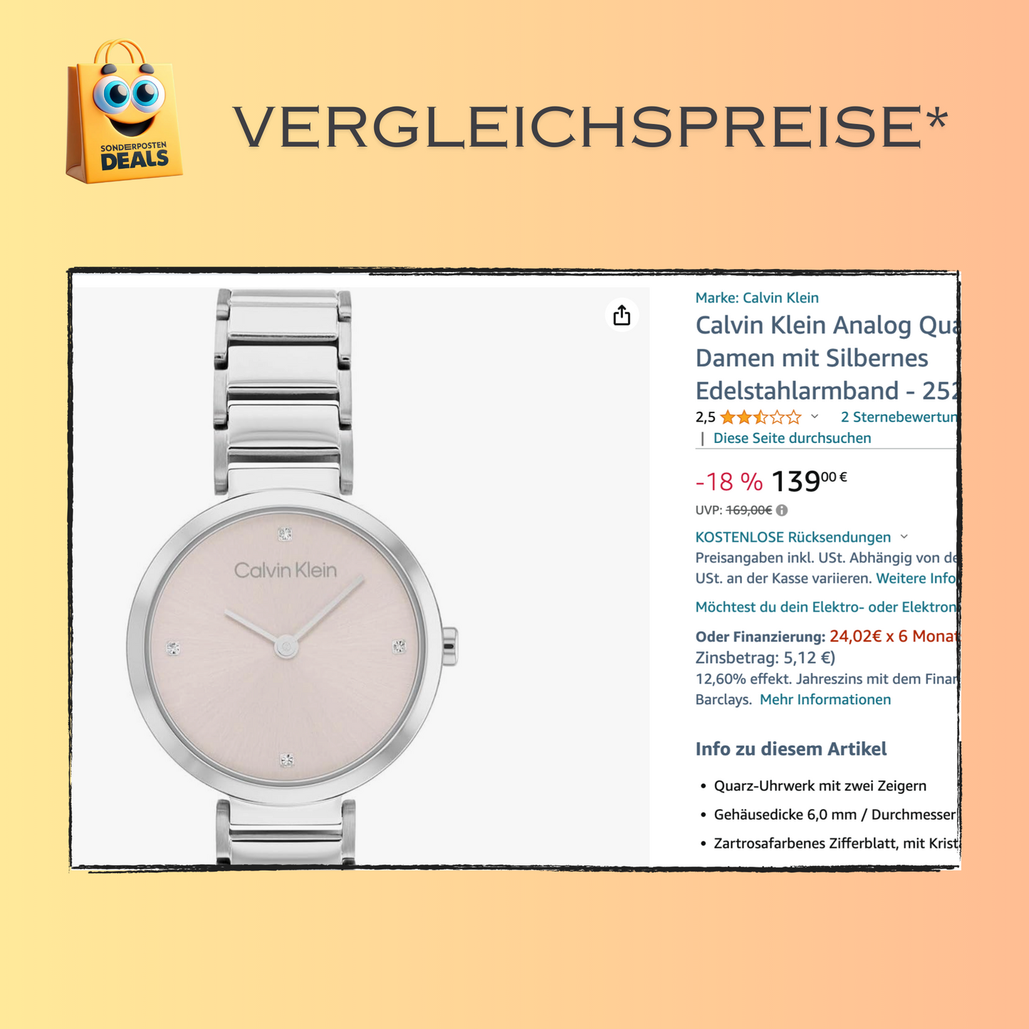 Calvin Klein elegante Uhr für Damen mit silbernem Edelstahlarmband – rosa Zifferblatt