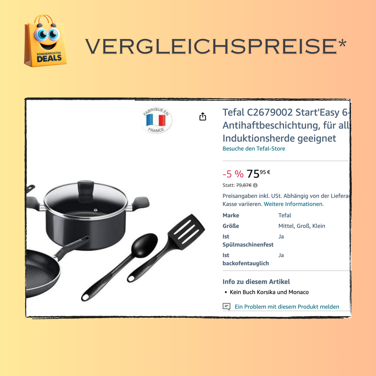 Tefal C2679002 Start'Easy 6-teiliges Set mit Antihaftbeschichtung, für alle Herde, auch Induktionsherde geeignet