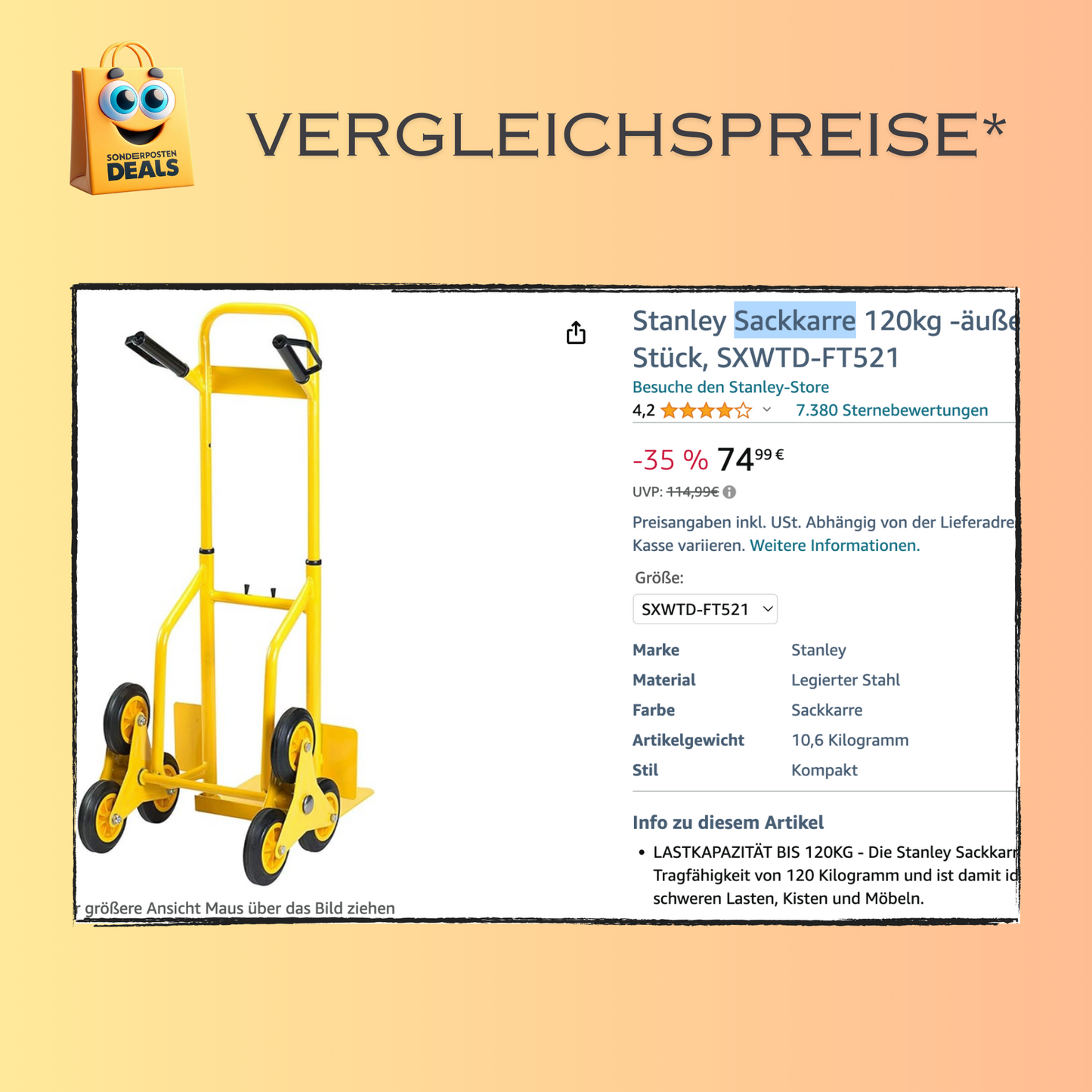 Stanley FT521 - Klappbarer Handwagen aus Stahl - 120kg - Sackkarre äußerst robust, SXWTD-FT521