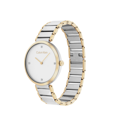 Calvin Klein elegante Uhr für Damen mit Zweifarbiges Edelstahlarmband – silber - gold