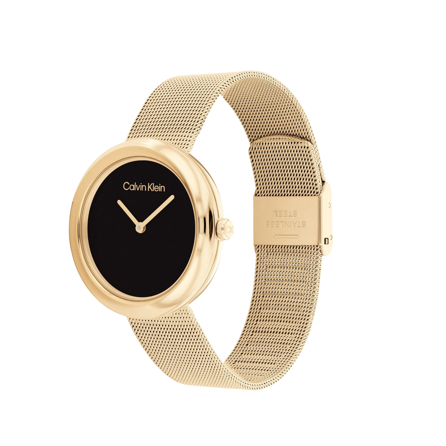 Calvin Klein elegante Uhr für Damen mit goldenem Edelstahlarmband – schwarzes Zifferblatt