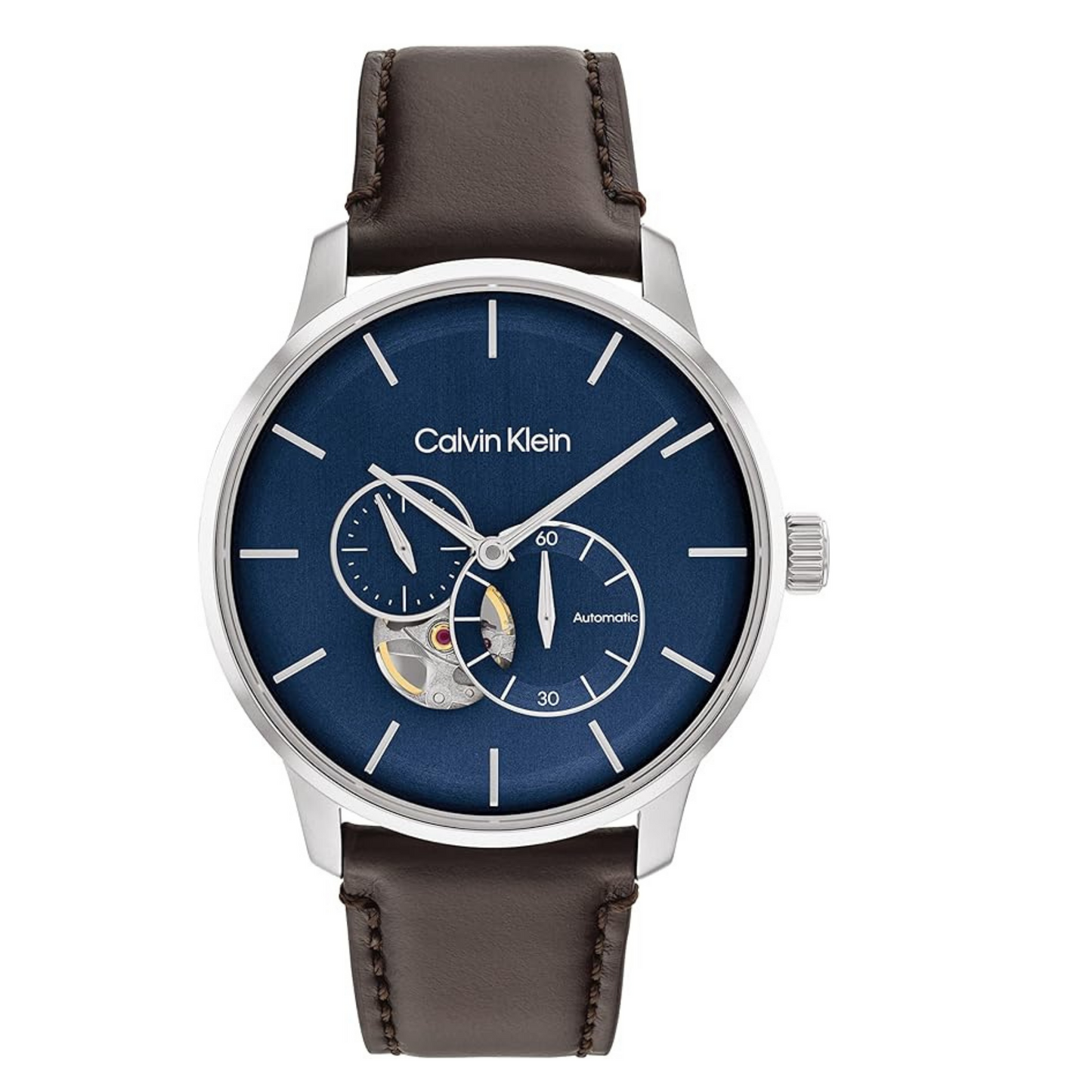 Calvin Klein Automatik-Uhrwerk für Herren im Edelstahl Gehäuse mit braunem Lederarmband