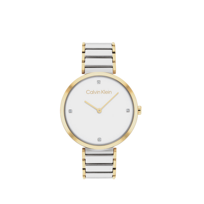 Calvin Klein elegante Uhr für Damen mit Zweifarbiges Edelstahlarmband – silber - gold